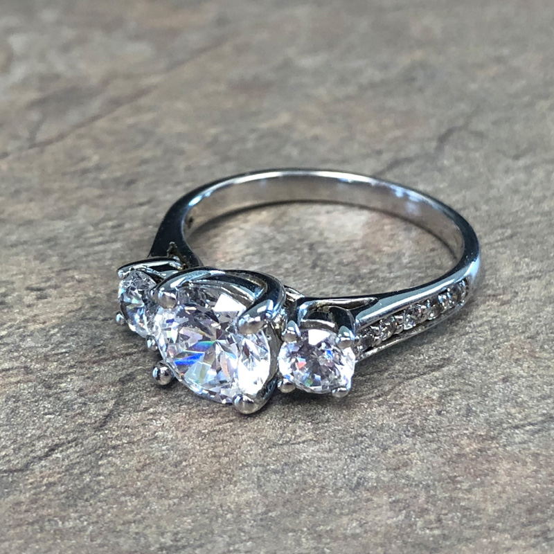14K White Gold 3 Stone Round Diamond Engagement Ring